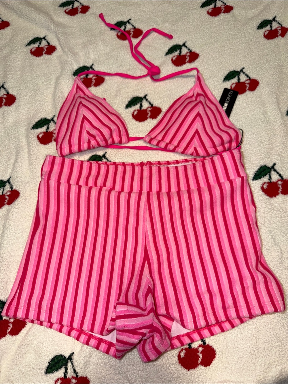 Fashion Nova Hot Pink & Light Pink Striped Terry Halter Bikini Set